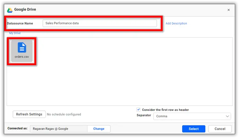 CSV or JSON file selecting window