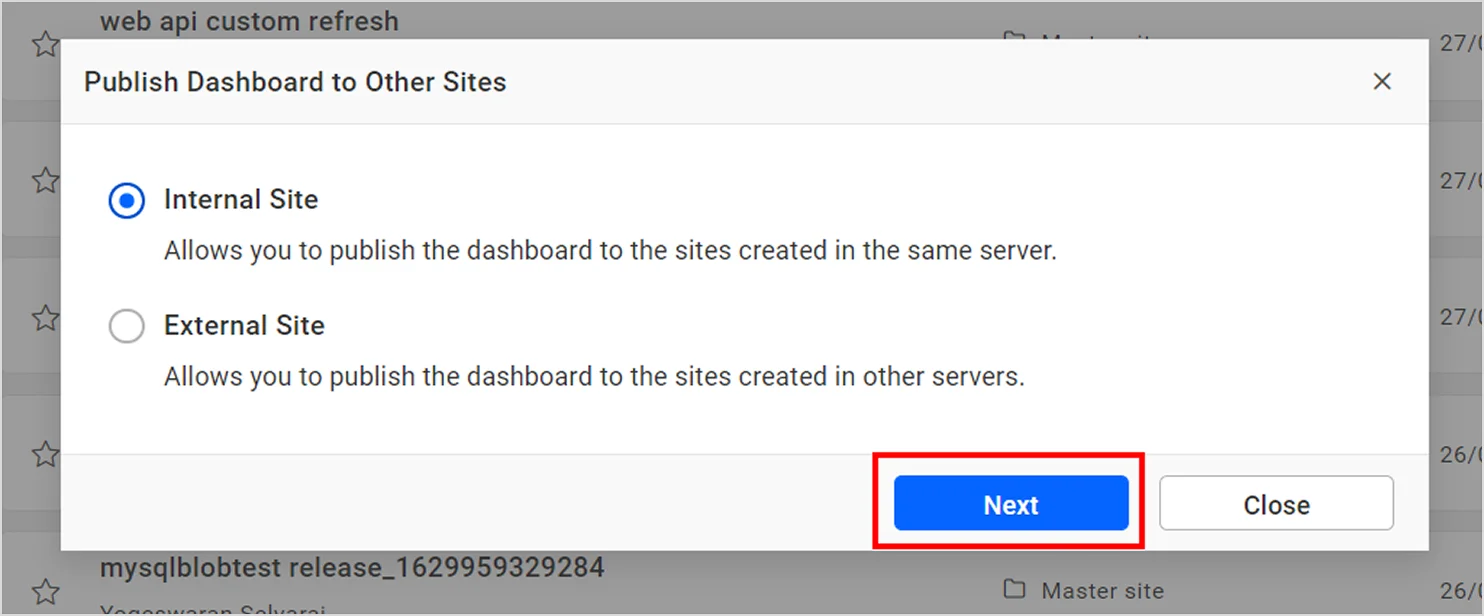 Internal Site and External Site publishing options
