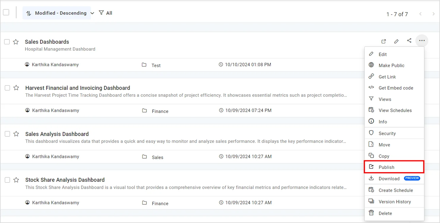 Publish option in the dashboard Actions menu