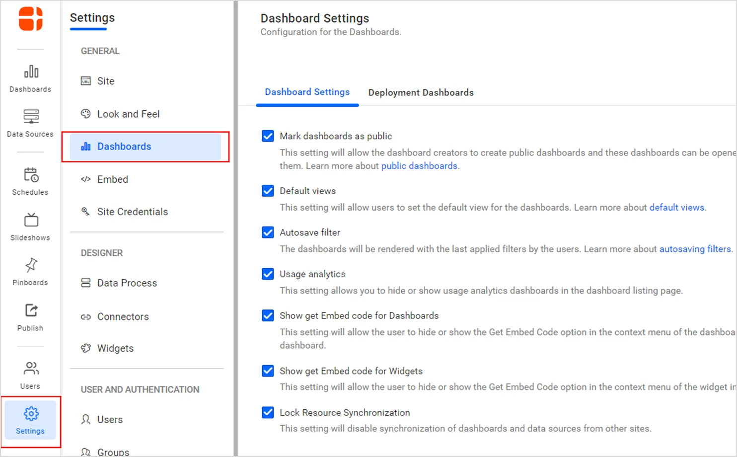 Dashboard Settings page