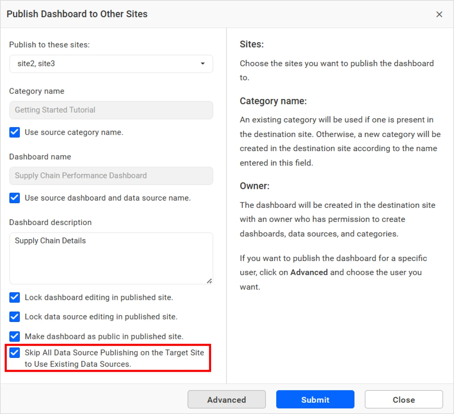 Publishing dashboard settings 