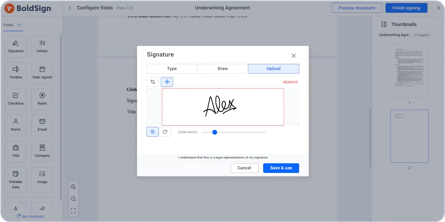 Upload saved signature
