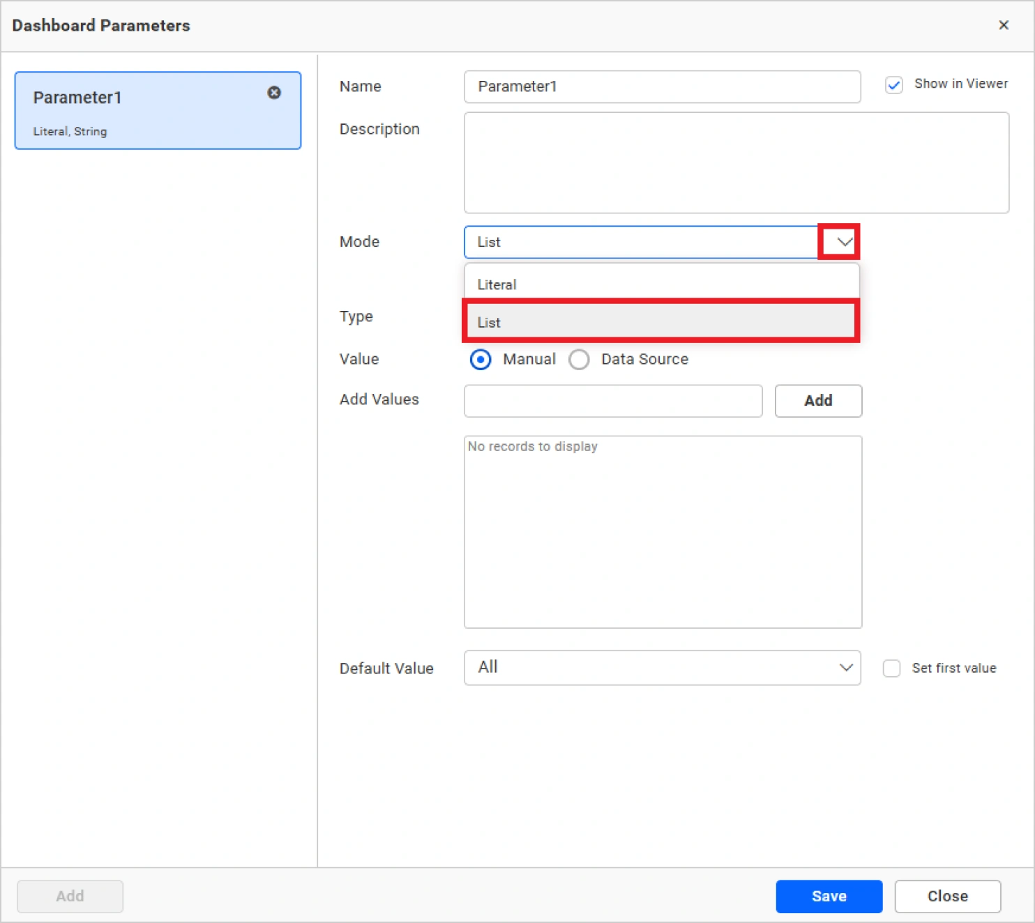 Dashboard parameter dialog