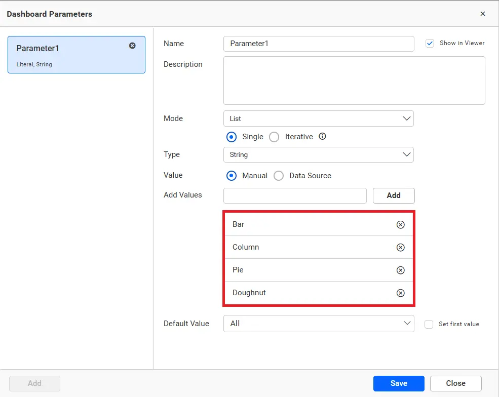 Adding the dashboard parameters