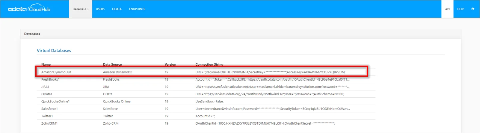 Showing available databases in CData Connect Cloud