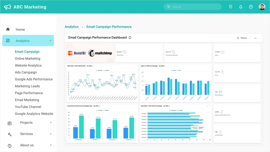 Email Campaign Performance Dashboard Embedded in an ASP.NET MVC Application