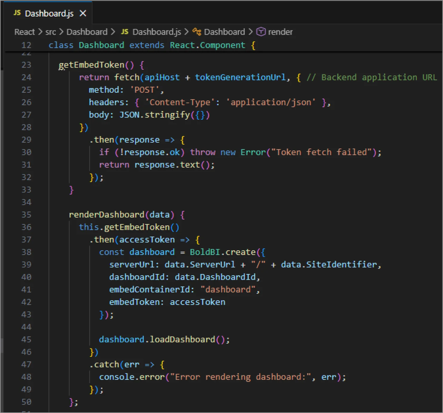 Configure Dashboard Initialization in React