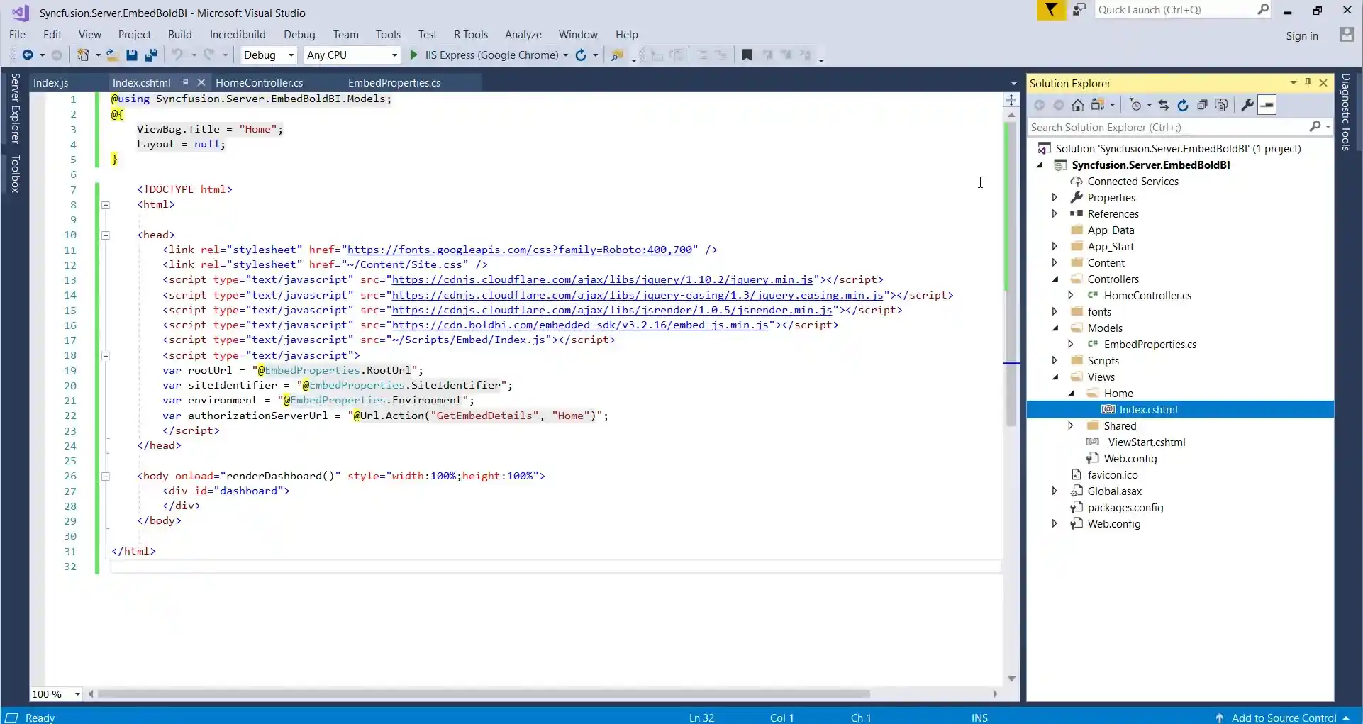 Create an Index.cshtml View file and Add HTML Code to Load the Dashboard