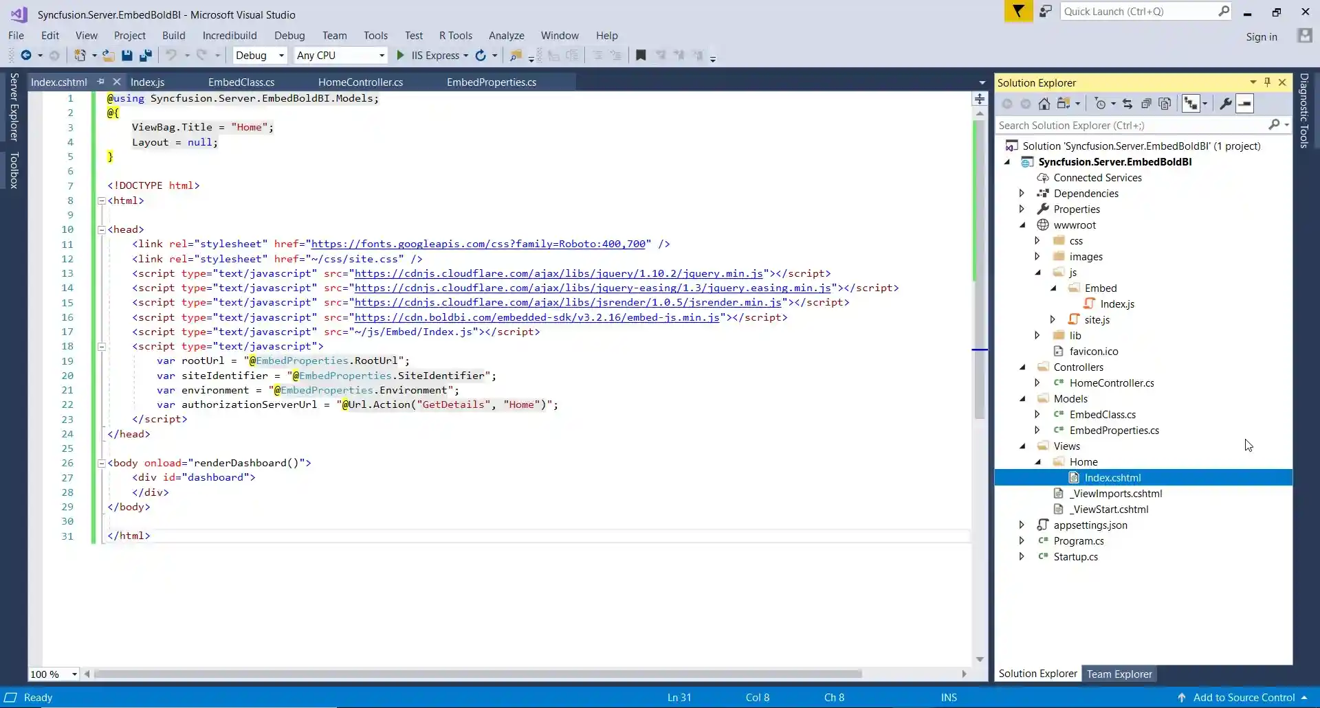 Create Index.cshtml View File and Add HTML Code to Load the Dashboard