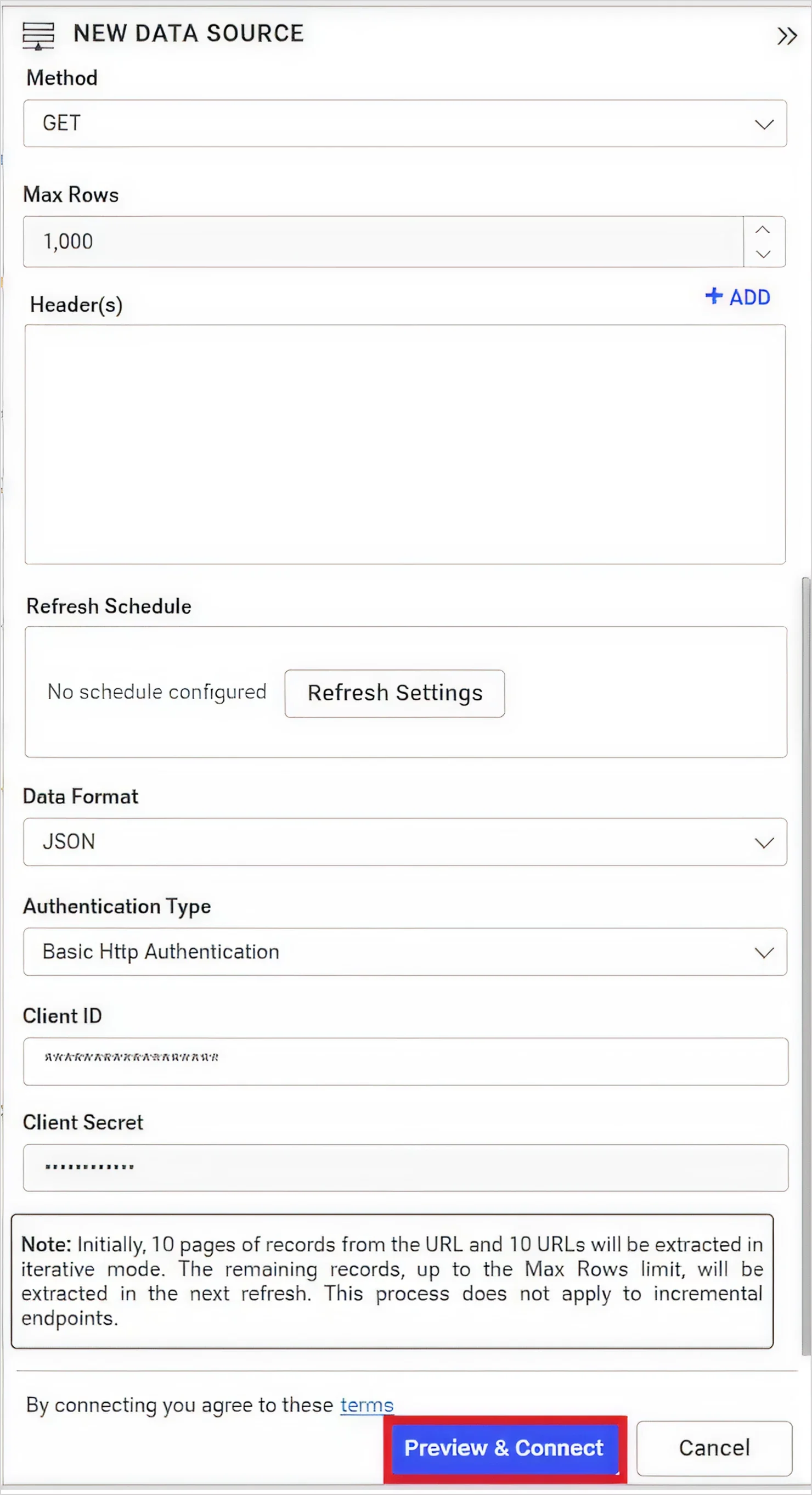 Click Preview & Connect to connect