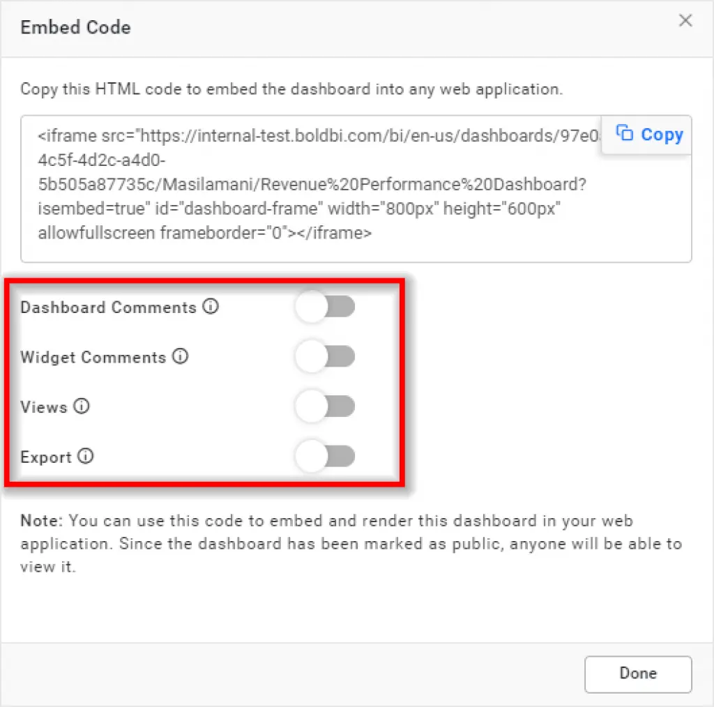 Customizable comments, views, and export options in Embed Code window