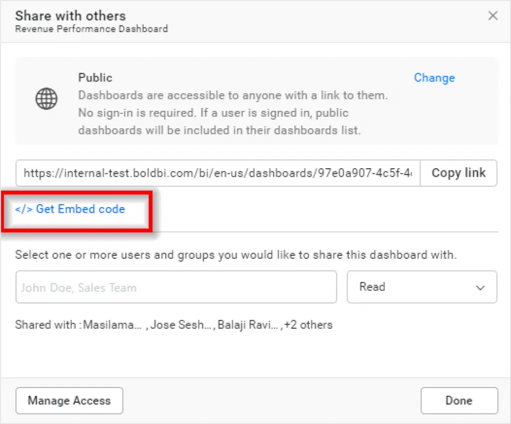 Getting embed code from Share dashboard window