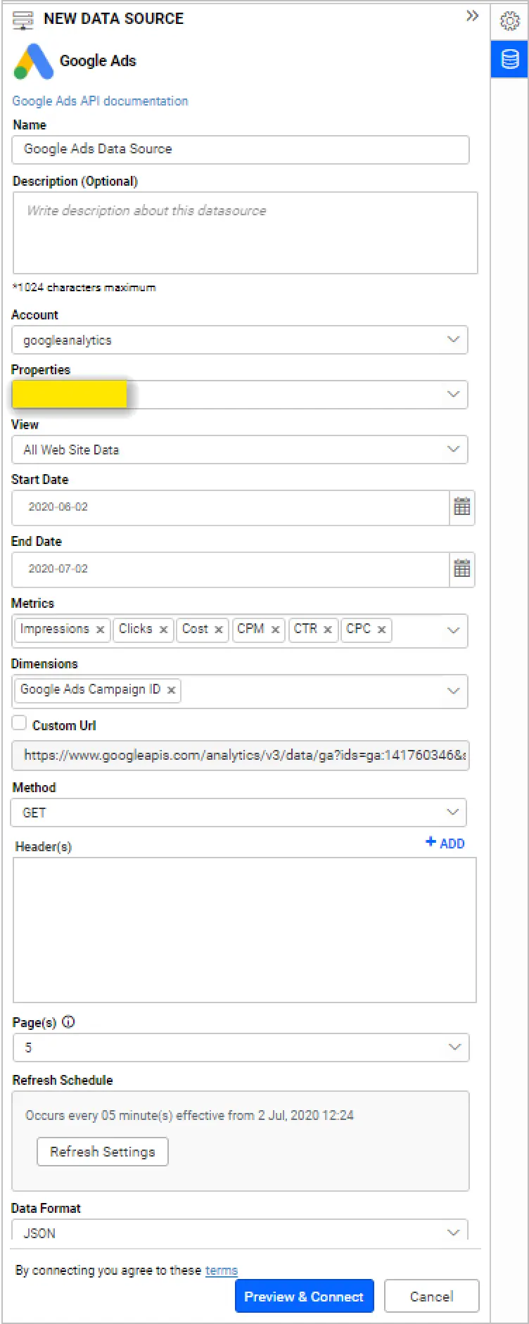 Google Ads Connection Window with Required Properties