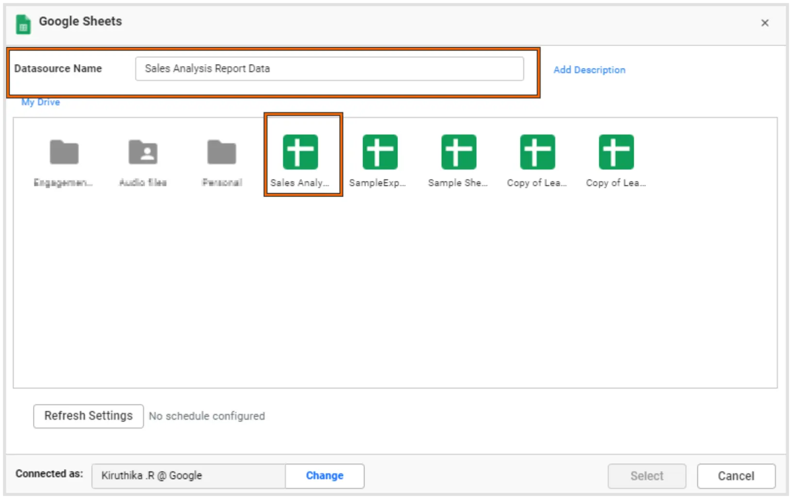 Window for choosing a Google Sheets file