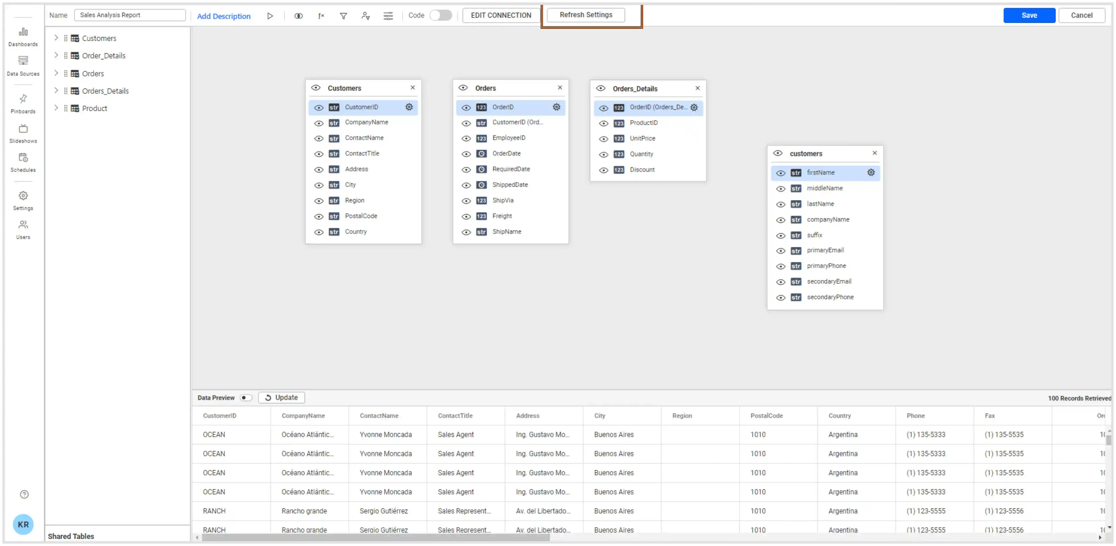Data source editing page—refresh settings