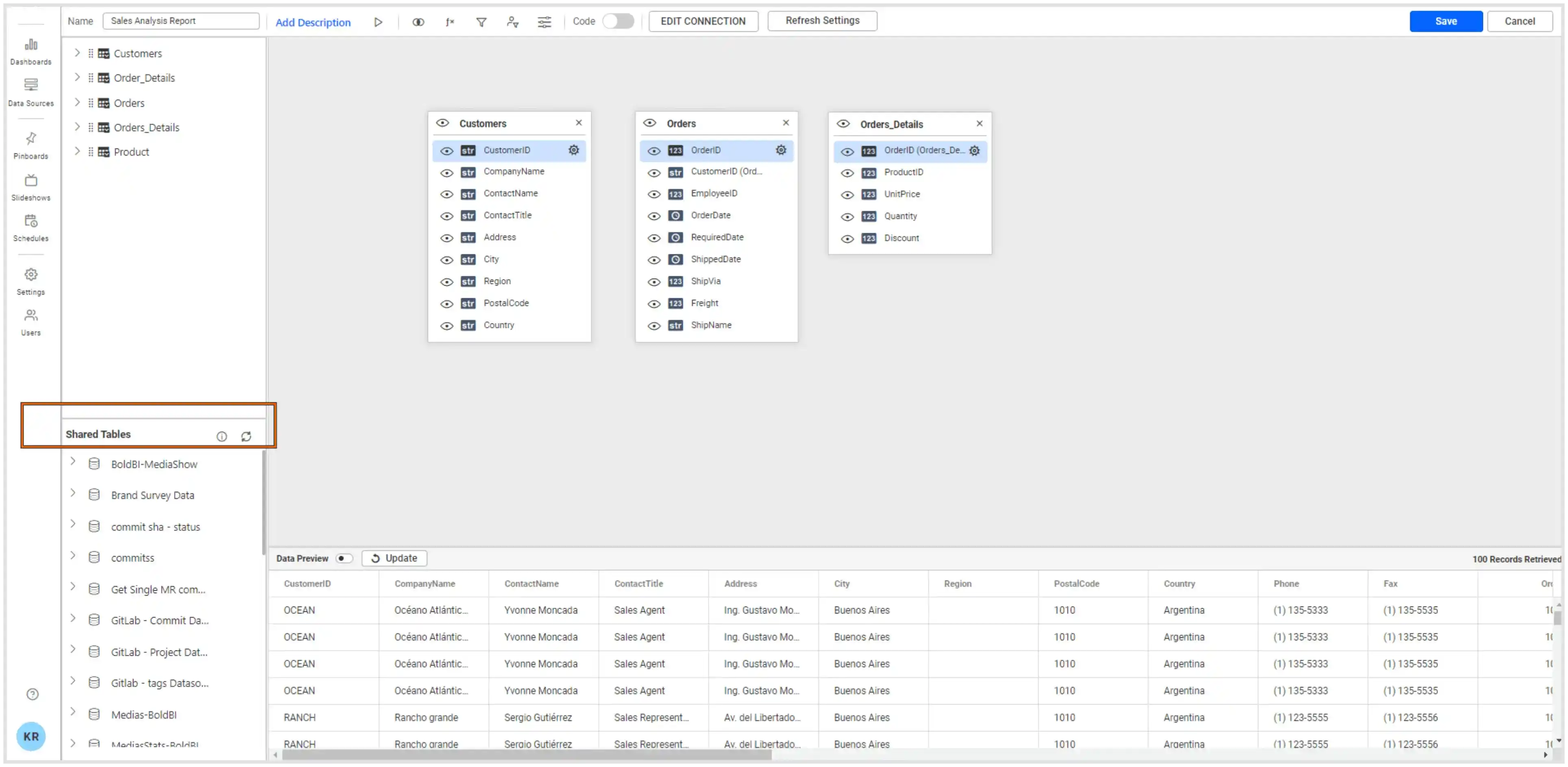 Sharing tables—data source editing window