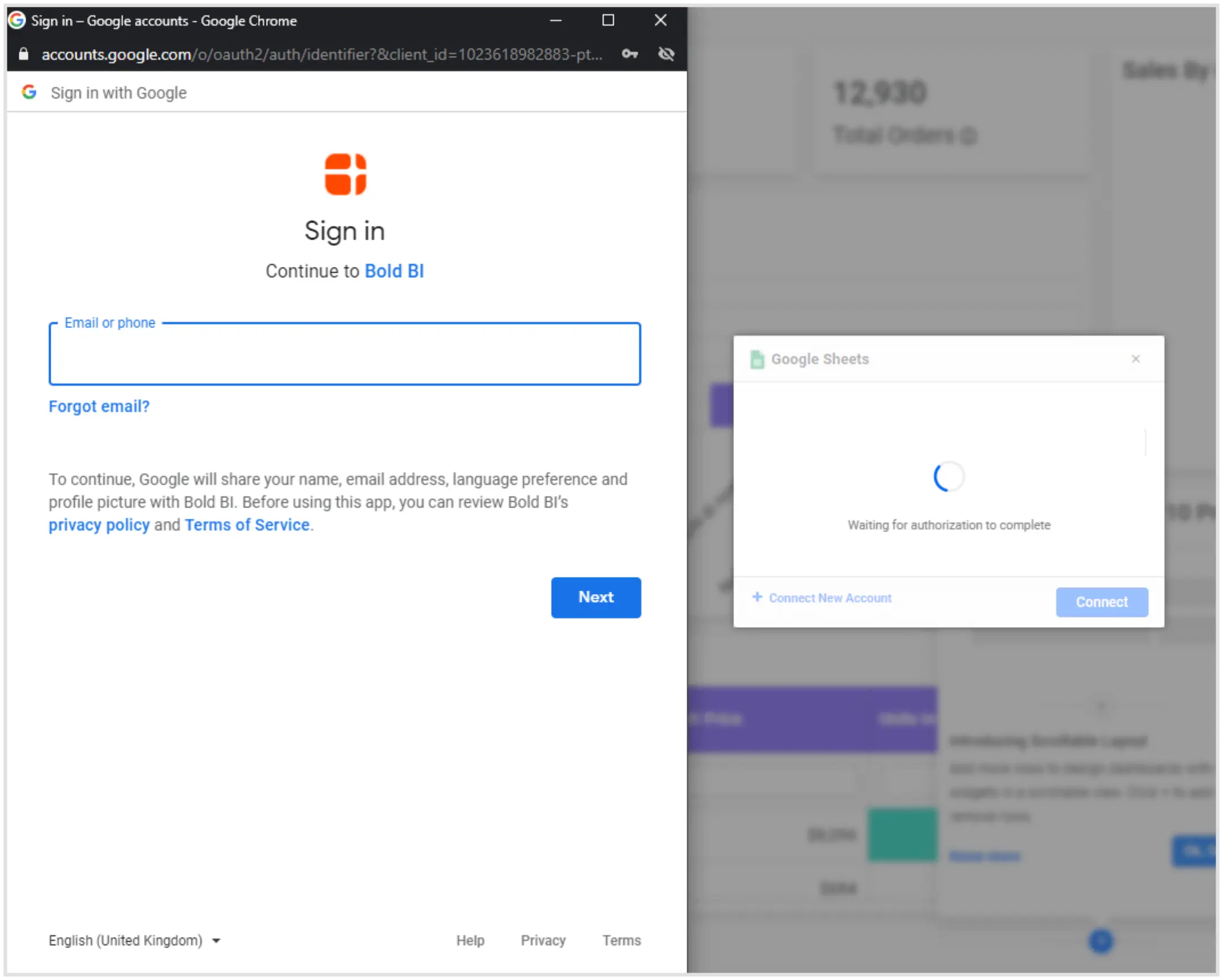 Google Sheets configuration window