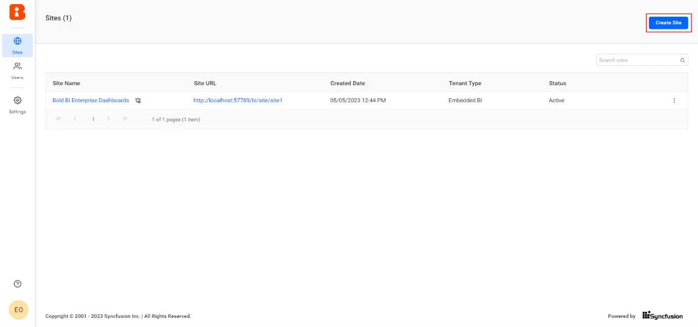 Create Site Button in Site Management Module