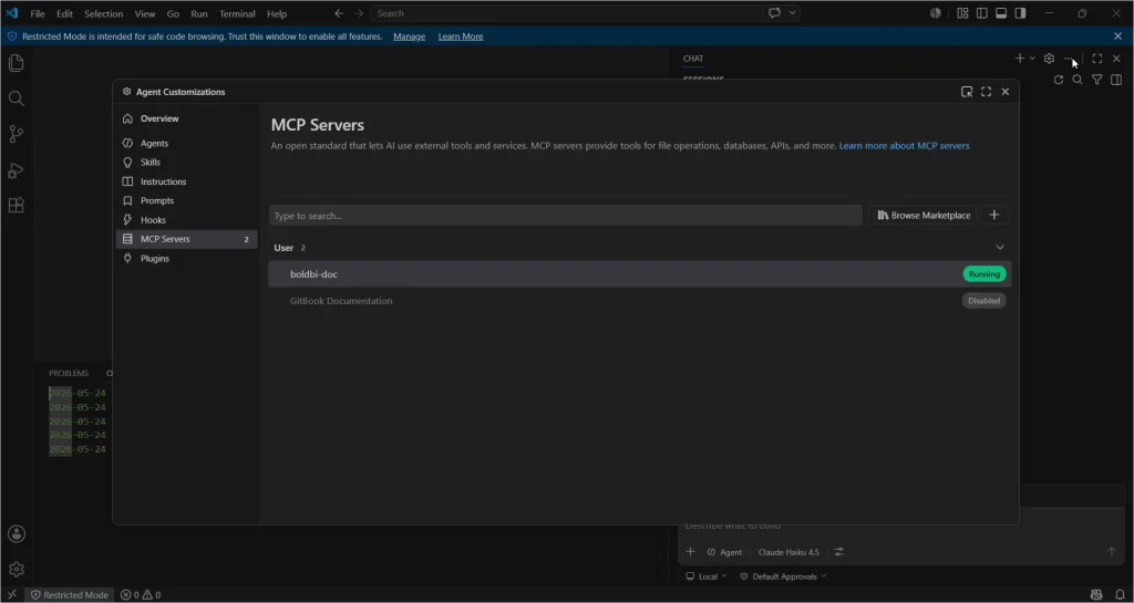 Bold BI MCP server status appears as Running