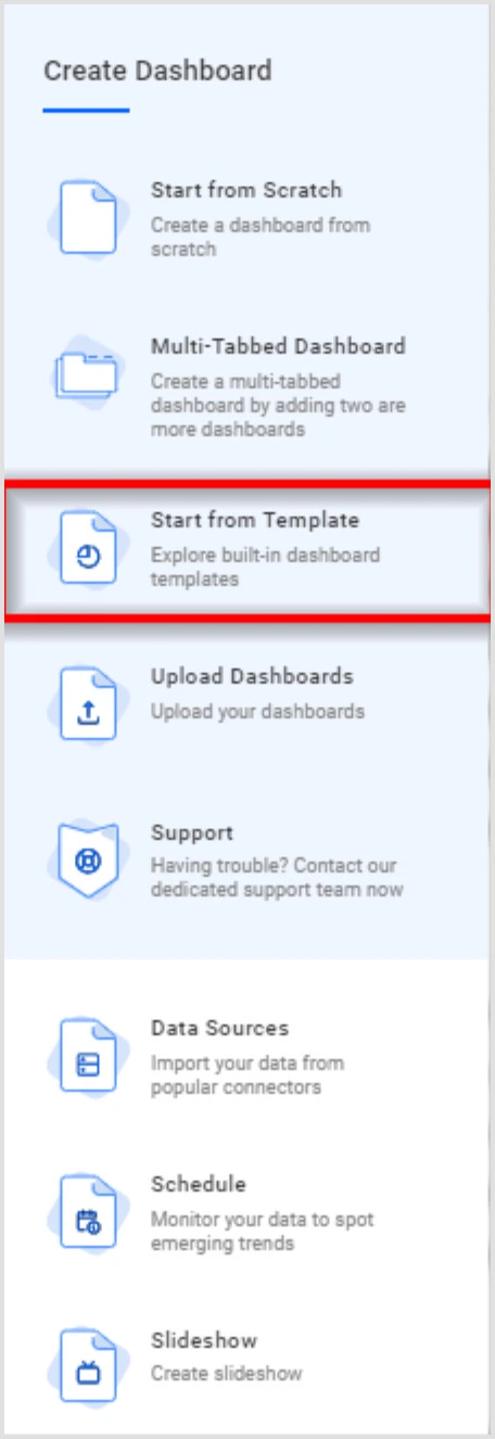 Create Dashboard menu