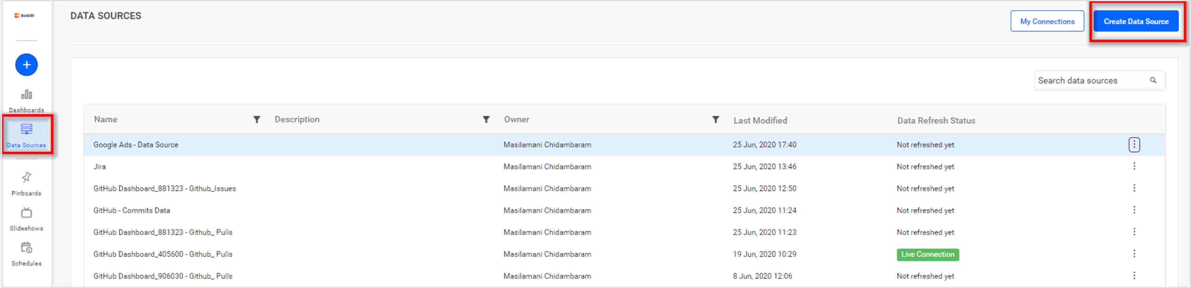 Create Data Source from Home Page