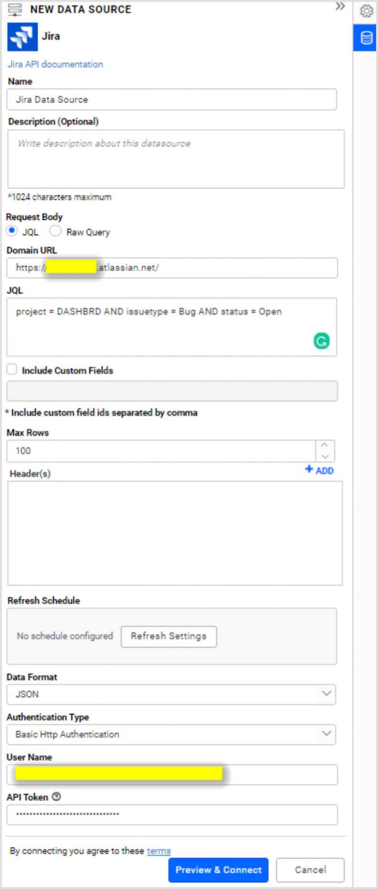 Create data source window for Jira connection with required fields filled