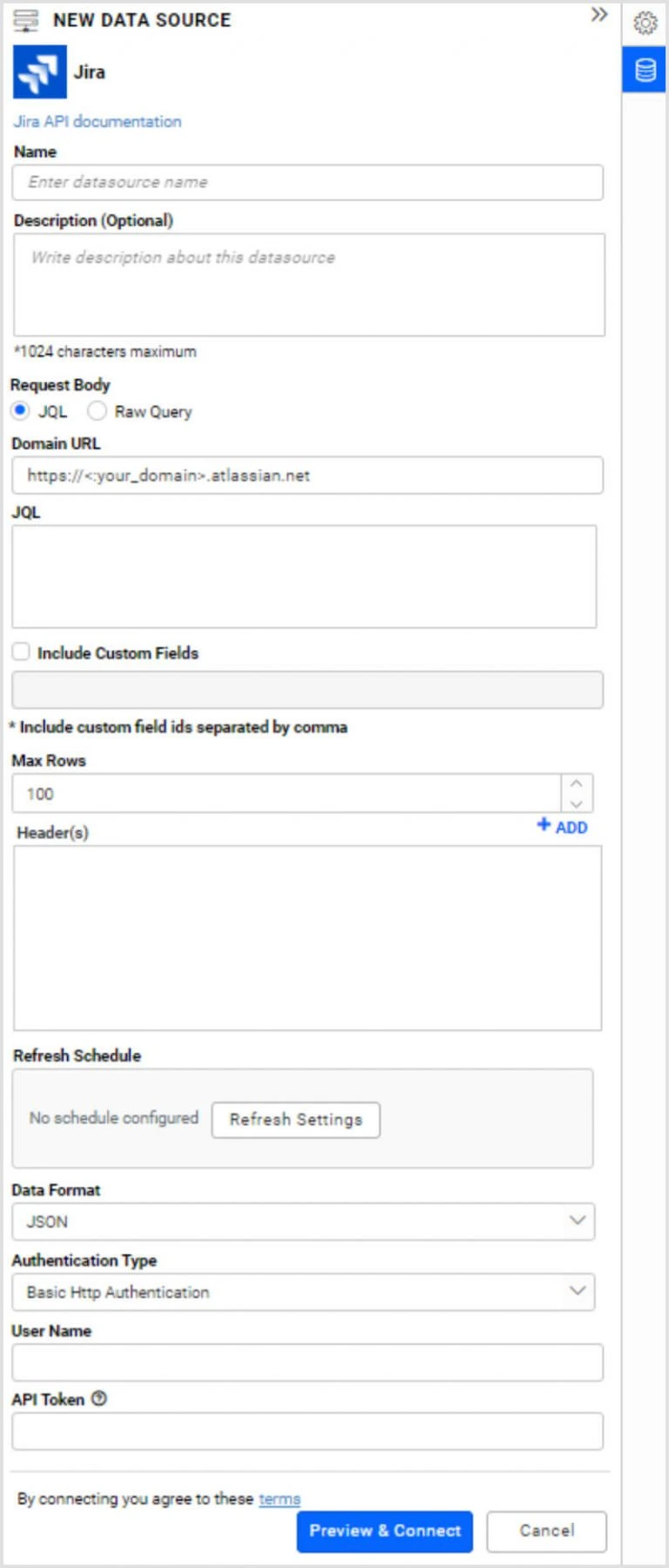 Default view of Jira data source window