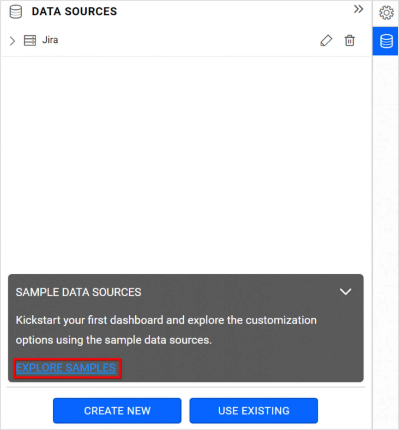 Data Sources panel with option to explore sample data sources