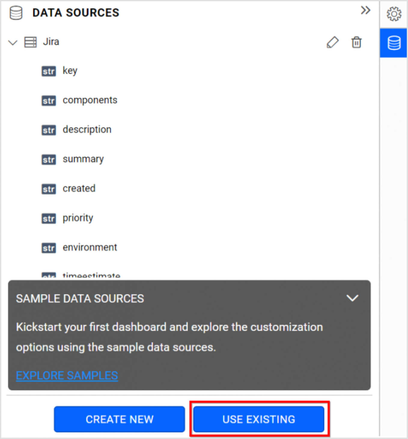 Highlighted view of use existing option in Data Sources panel