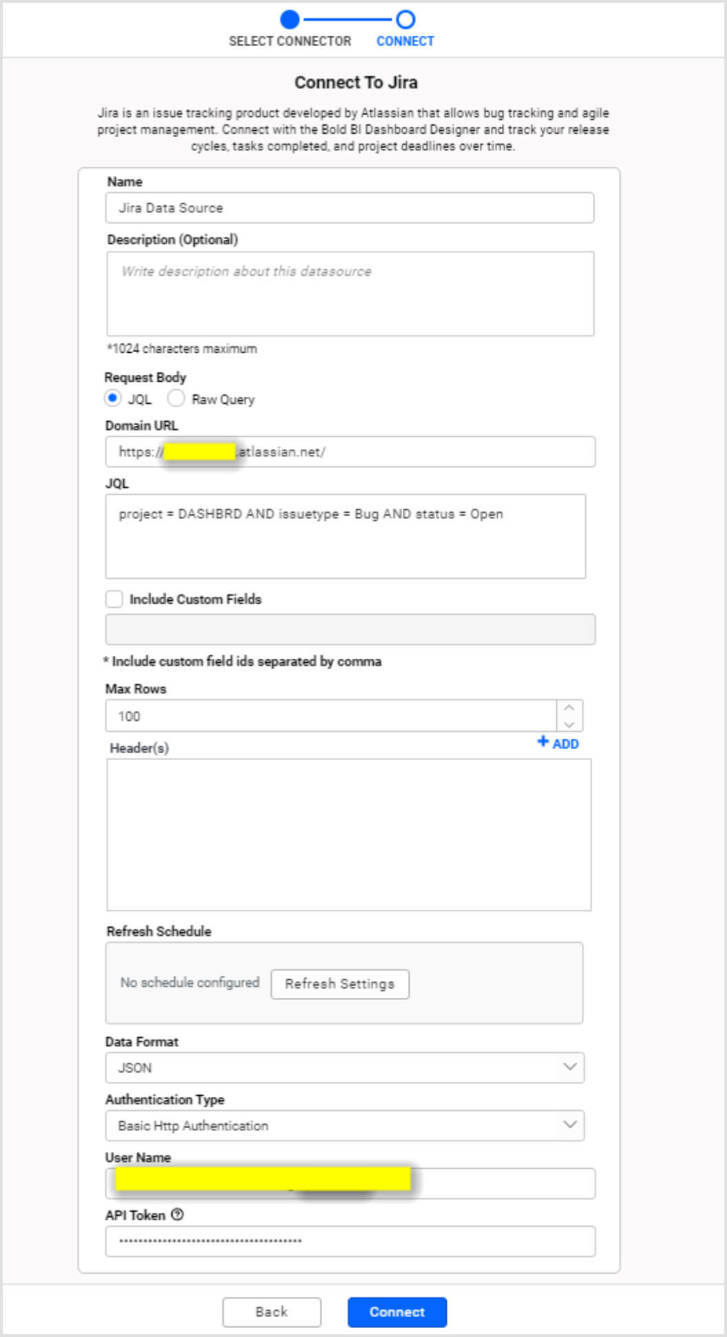 Create Data Source window for Jira connection with required fields filled