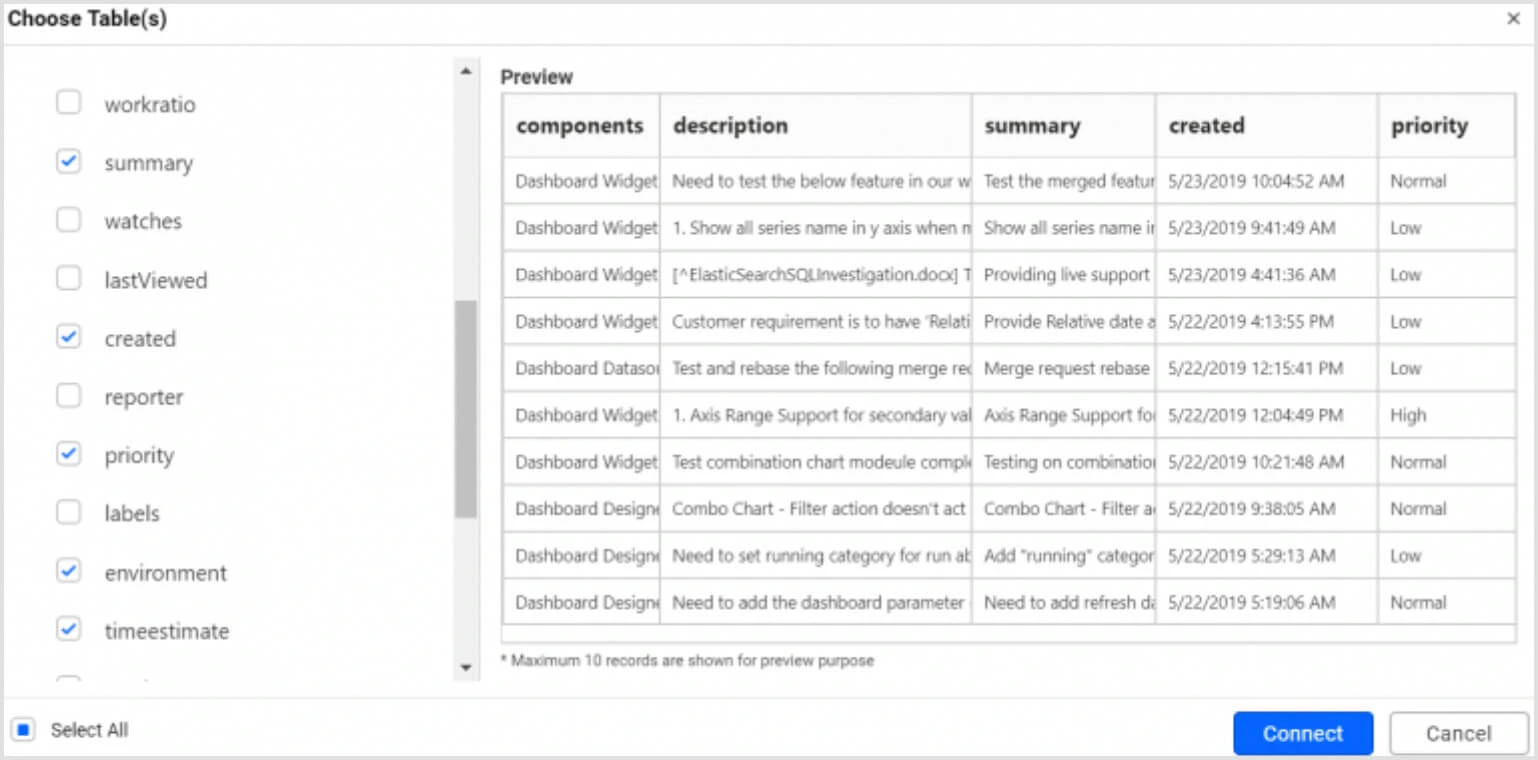 Jira table schema preview