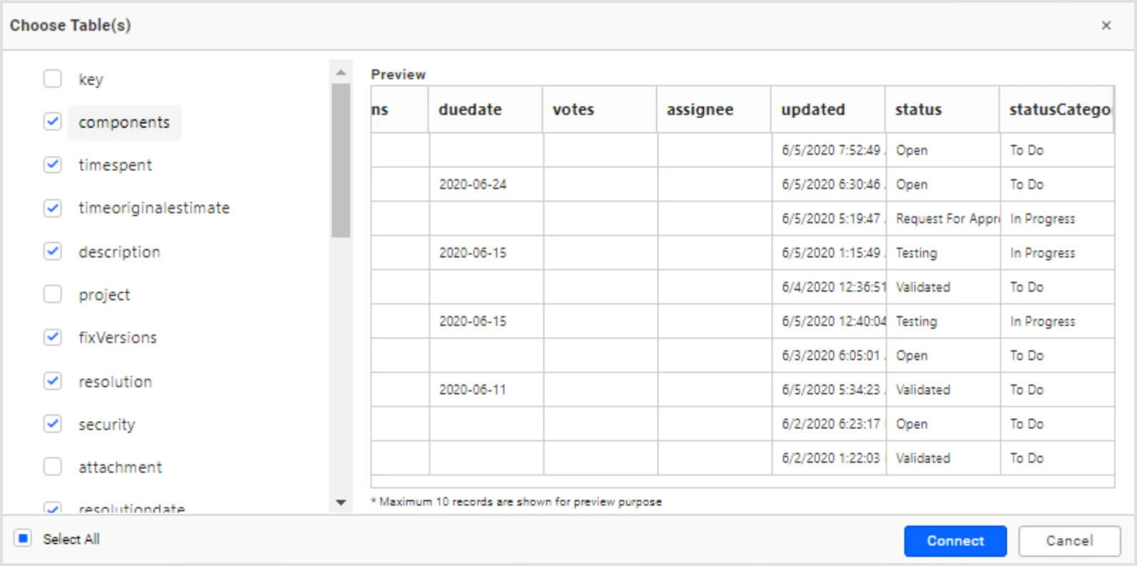 Jira table schema preview
