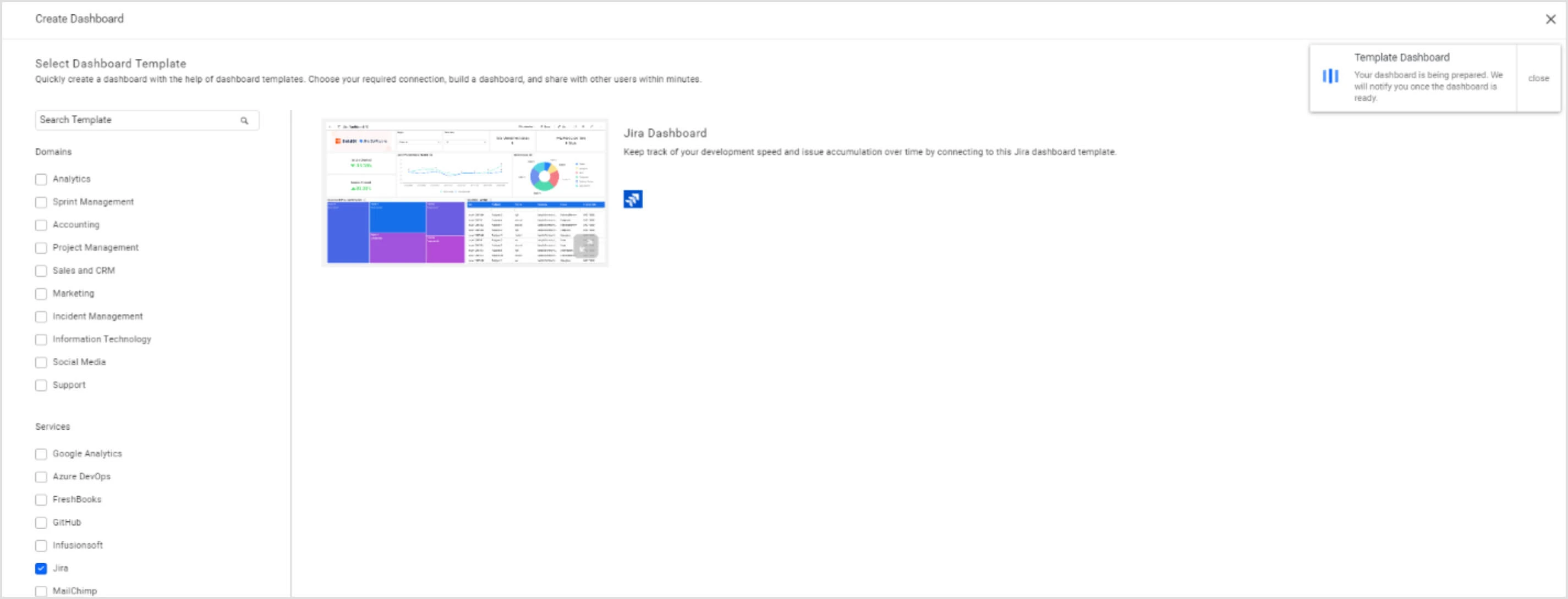 Jira dashboard template with notification banner showing progress