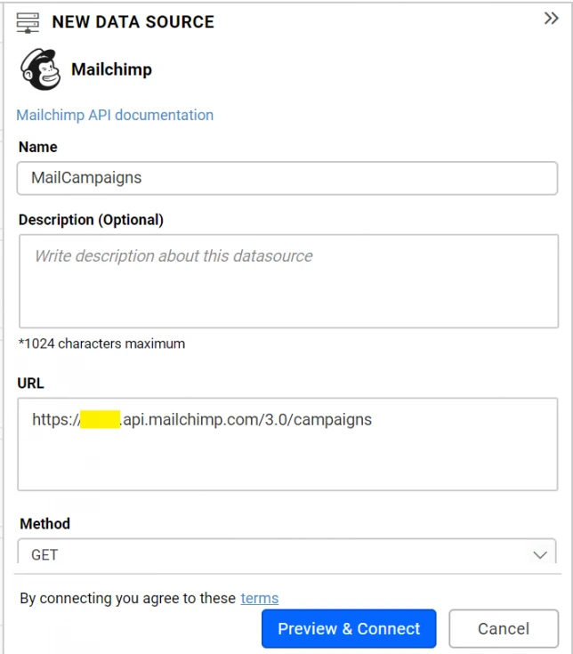 Configuring Mailchimp data source window