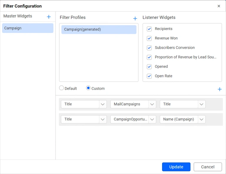 Dashboard filter window showing master-listener configuration