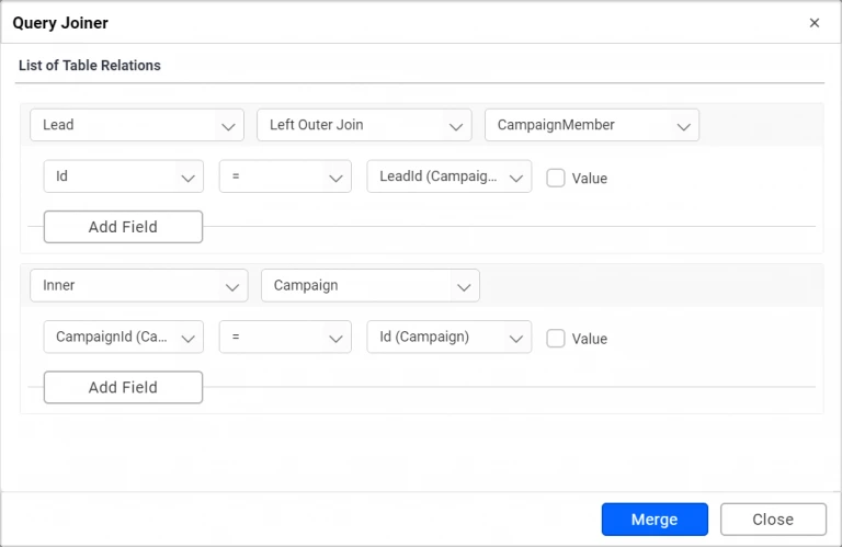 Join editor showing lead table relationships
