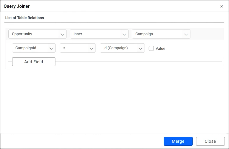 Join editor showing opportunity table relationships