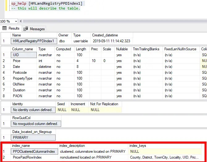 Table Information showing Indexes