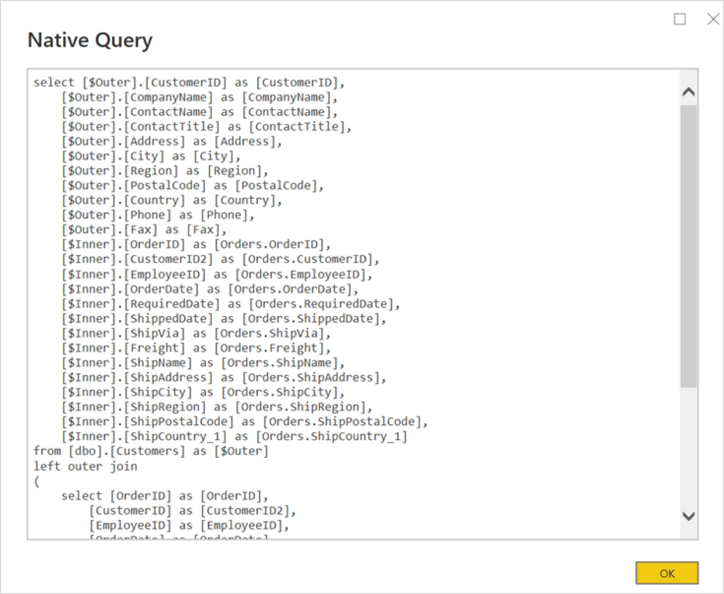view the Native Power BI query