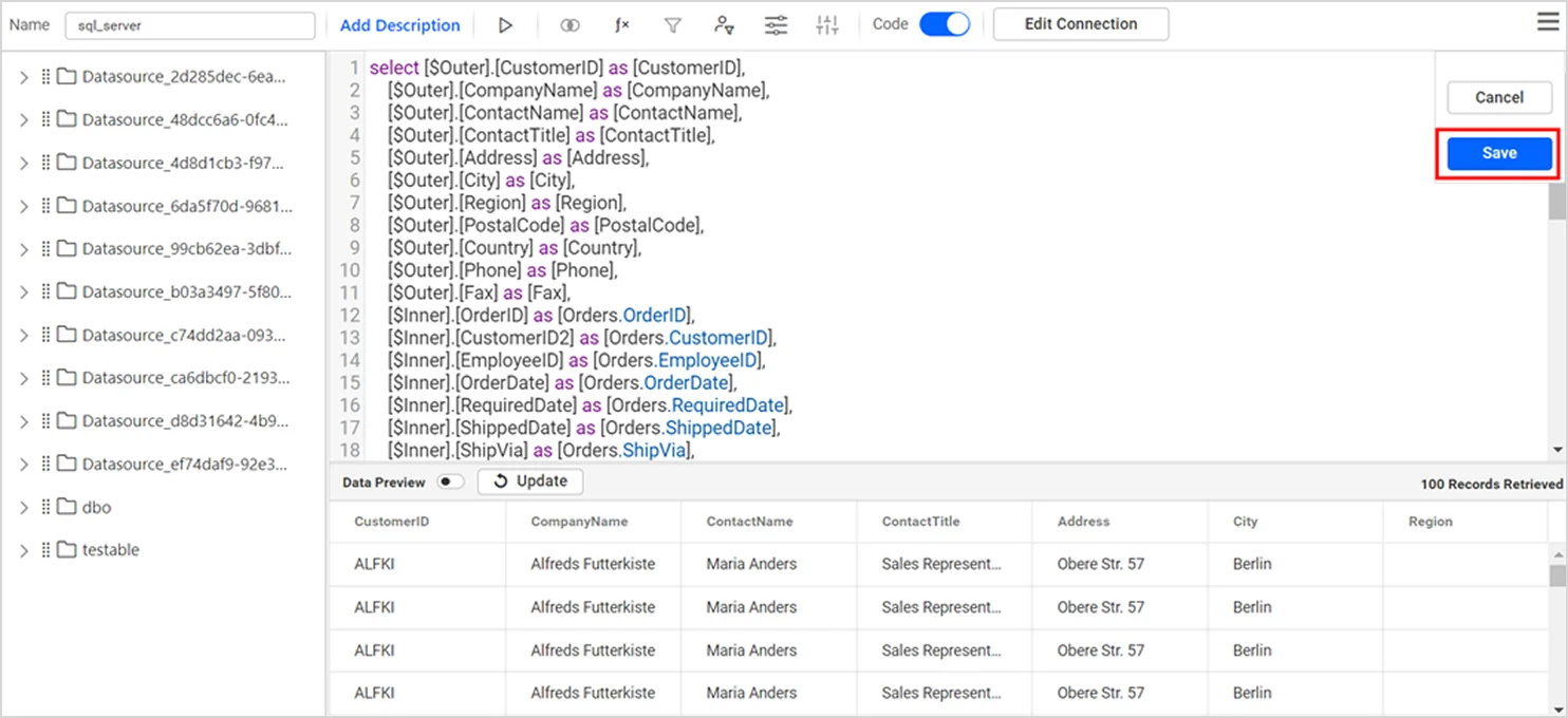 Click Save to save the data source