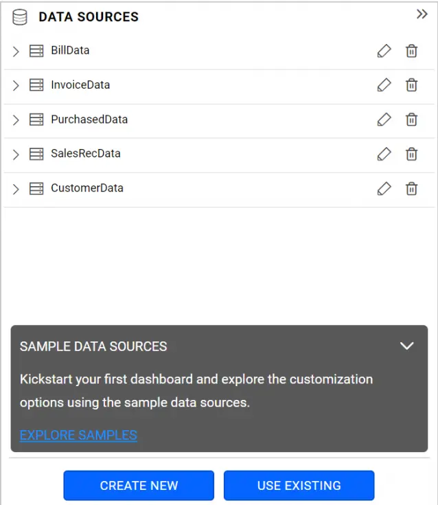Data sources listing in data sources panel