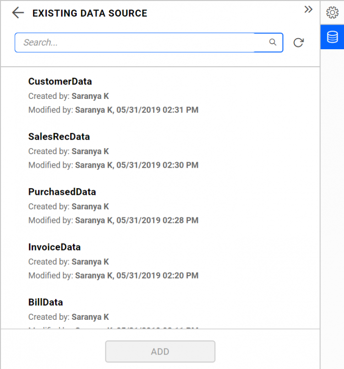 Existing data sources view