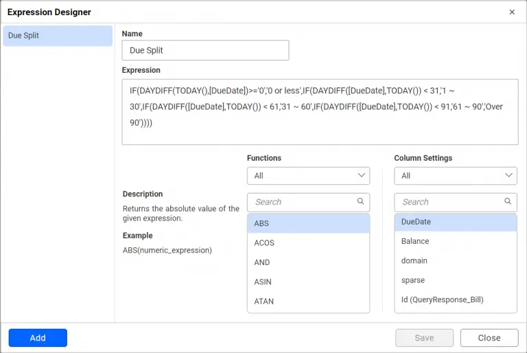 Expression editing view of BillData data source