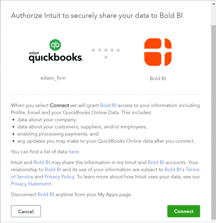 Information sharing confirmation page for QuickBooks Online