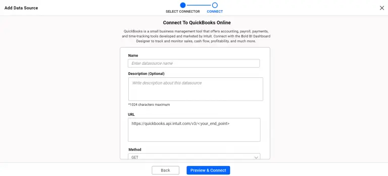 New Data source window of QuickBooks Online