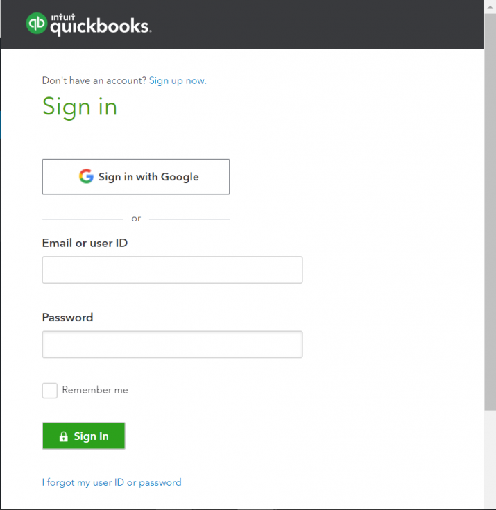 Sign in window for QuickBooks Online account