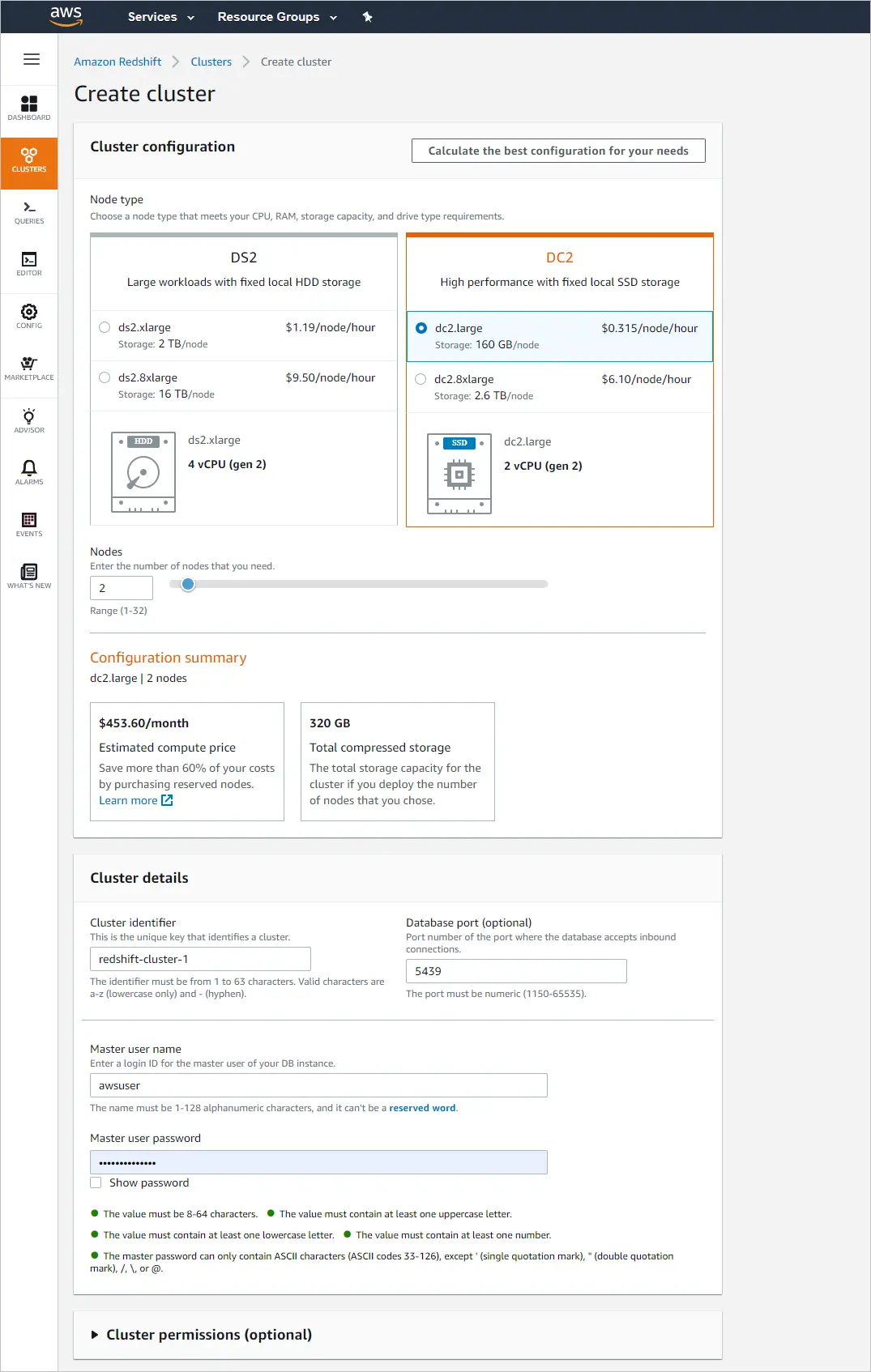 Amazon Redshift cluster configuration window