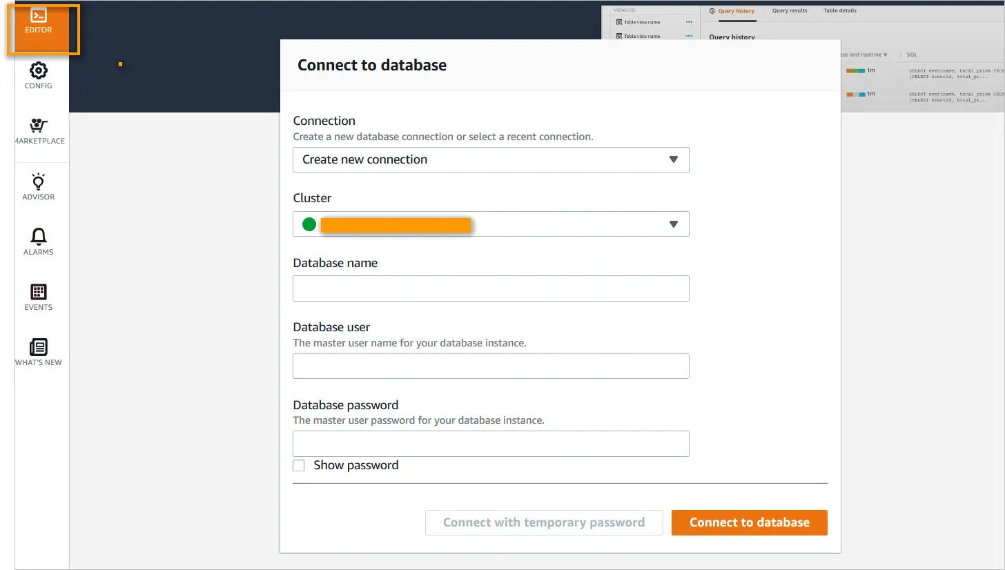 Connect to database window in Amazon Redshift