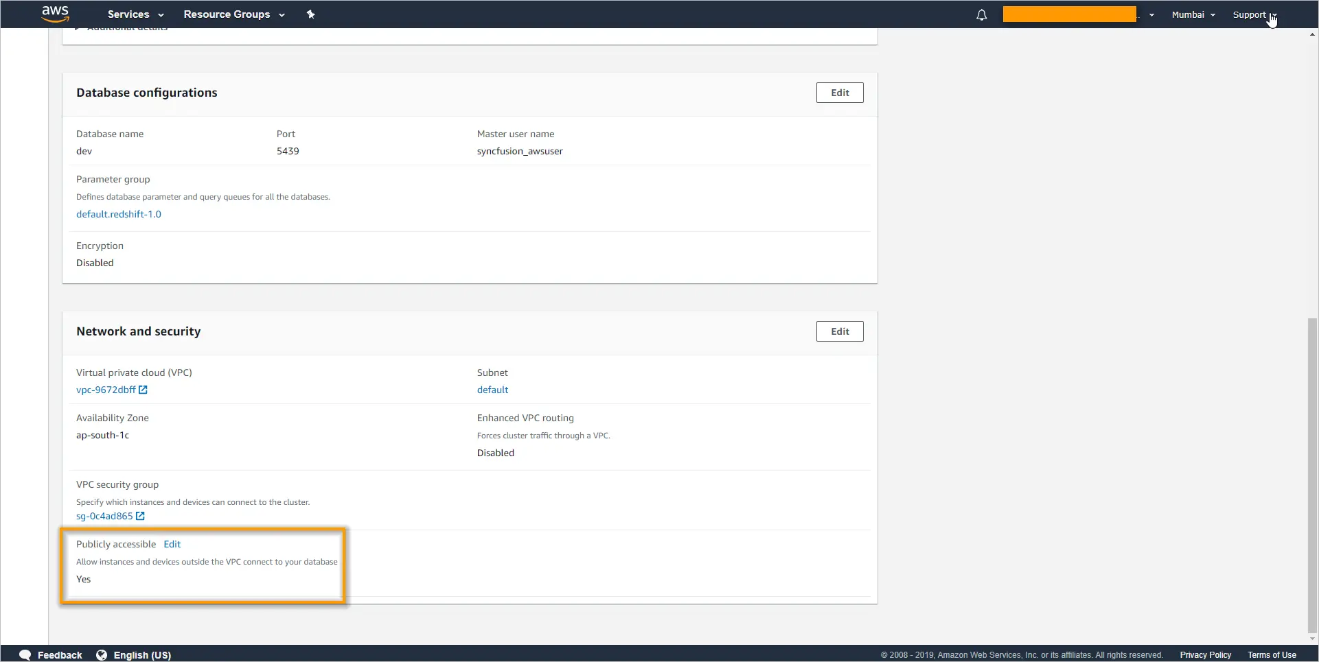 Property window of Amazon Redshift cluster