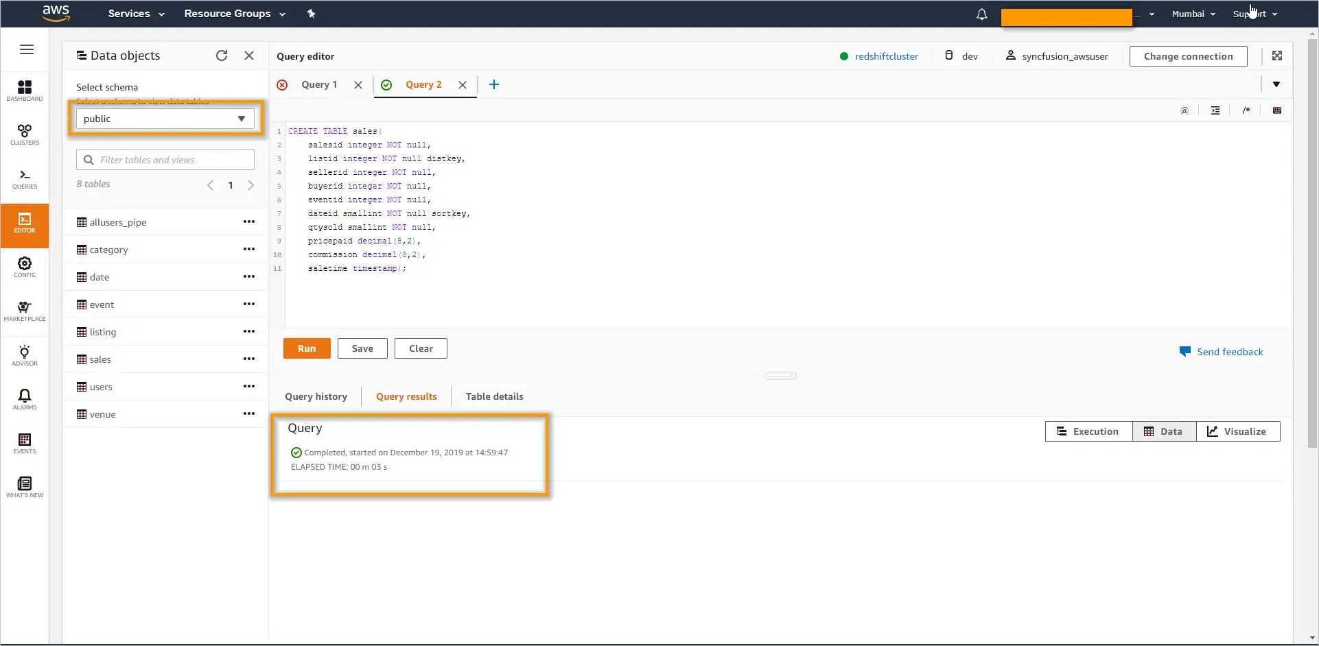Query editor in Amazon Redshift